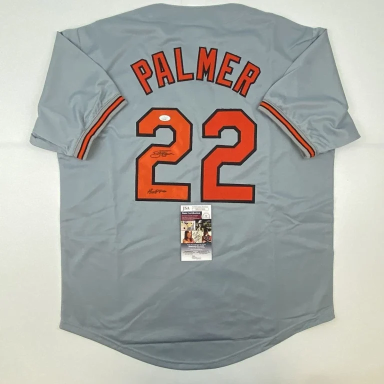 Autographed/Signed Jim Palmer HOF 1990 Baltimore Grey Jersey JSA COA