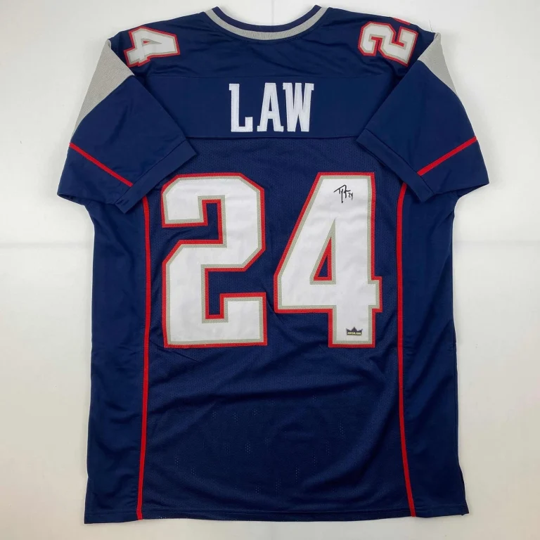 Facsimile Autographed Ty Law New England Blue Reprint Jersey Size Men's XL