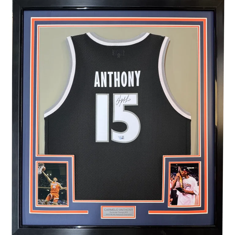 Framed Autographed/Signed Carmelo Anthony 33x42 Orange Black Jersey Fanatics COA