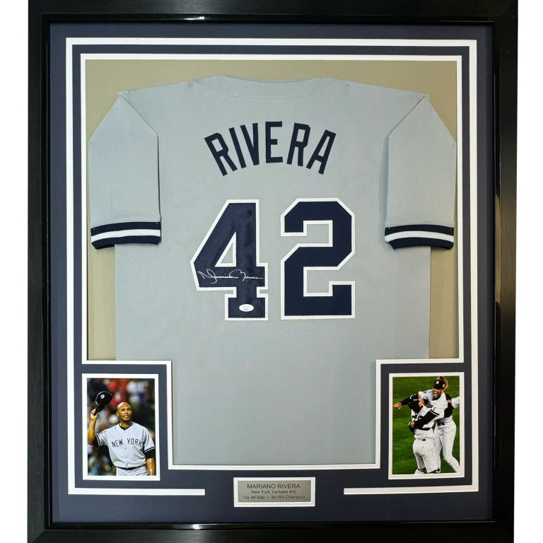 Framed Autographed/Signed Mariano Rivera 33x42 New York Grey Jersey JSA COA/LOA
