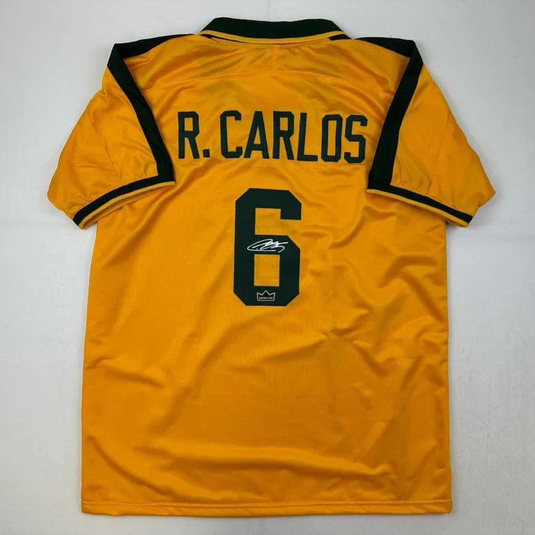 Facsimile Autographed Roberto Carlos Brazil Yellow World Cup Reprint Jersey XL