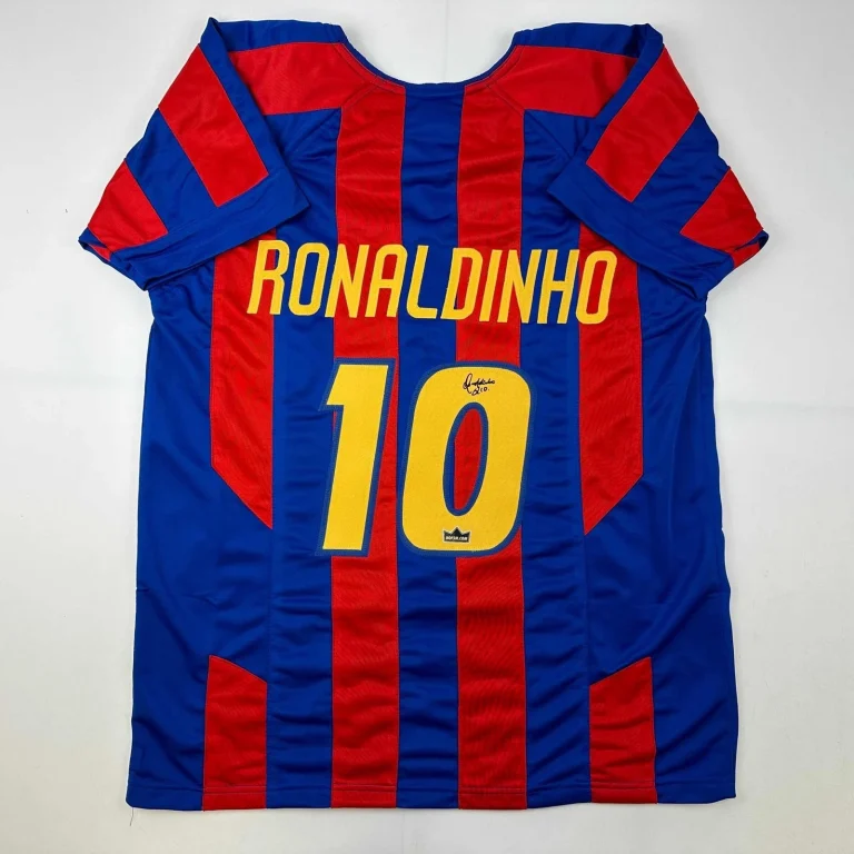 Facsimile Autographed Ronaldinho FC Barcelona Blue/Red Jersey Men's XL