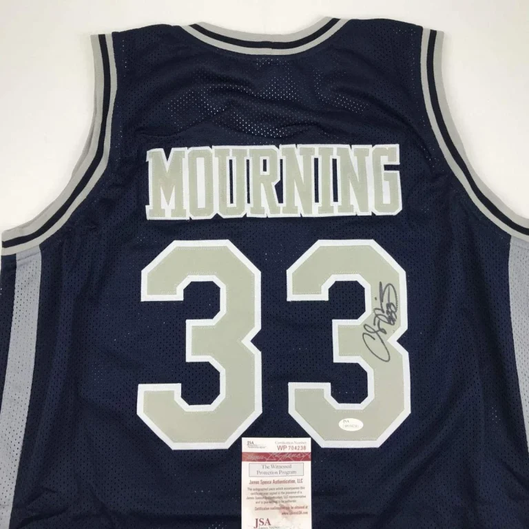 Autographed/Signed Alonzo Mourning Georgetown Blue College Jersey JSA