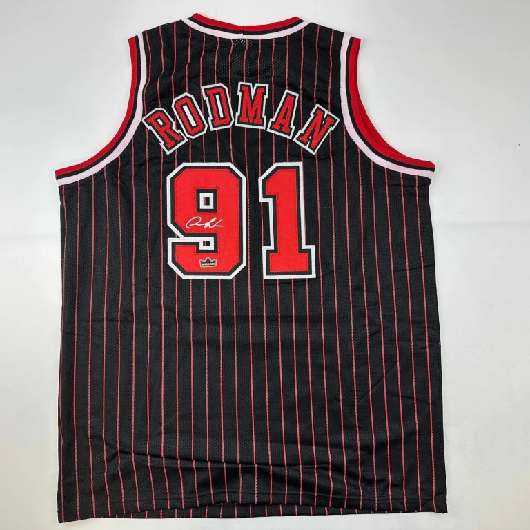 Facsimile Autographed Dennis Rodman Chicago Black Pinstripe Jersey XL