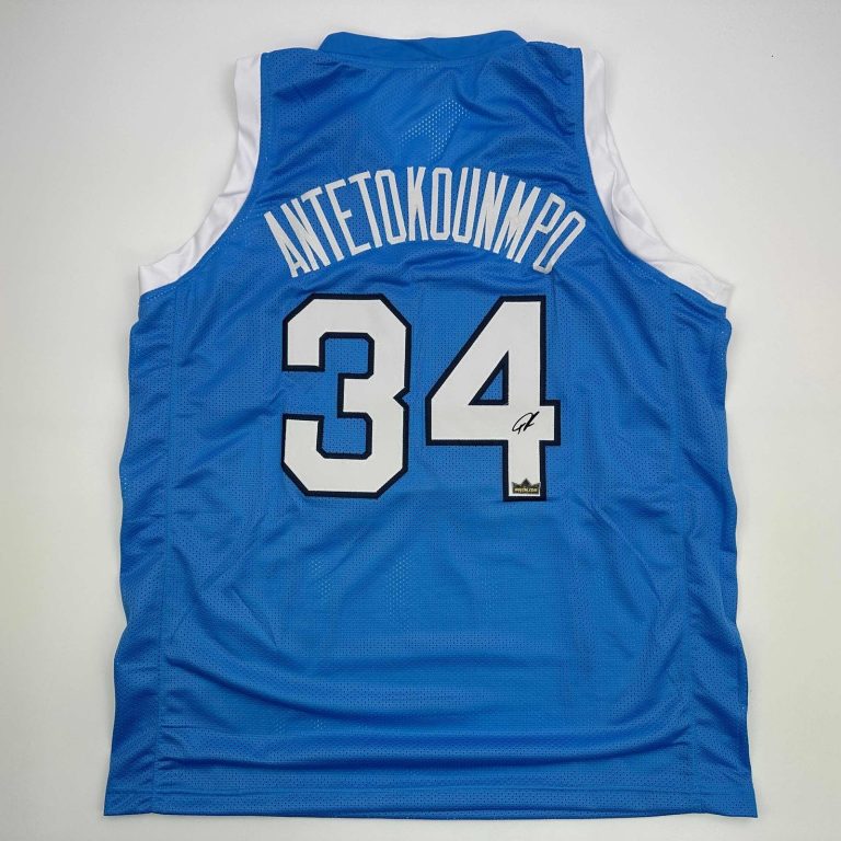 Facsimile Autographed Giannis Antetokounmpo Greece Light Blue Jersey XL