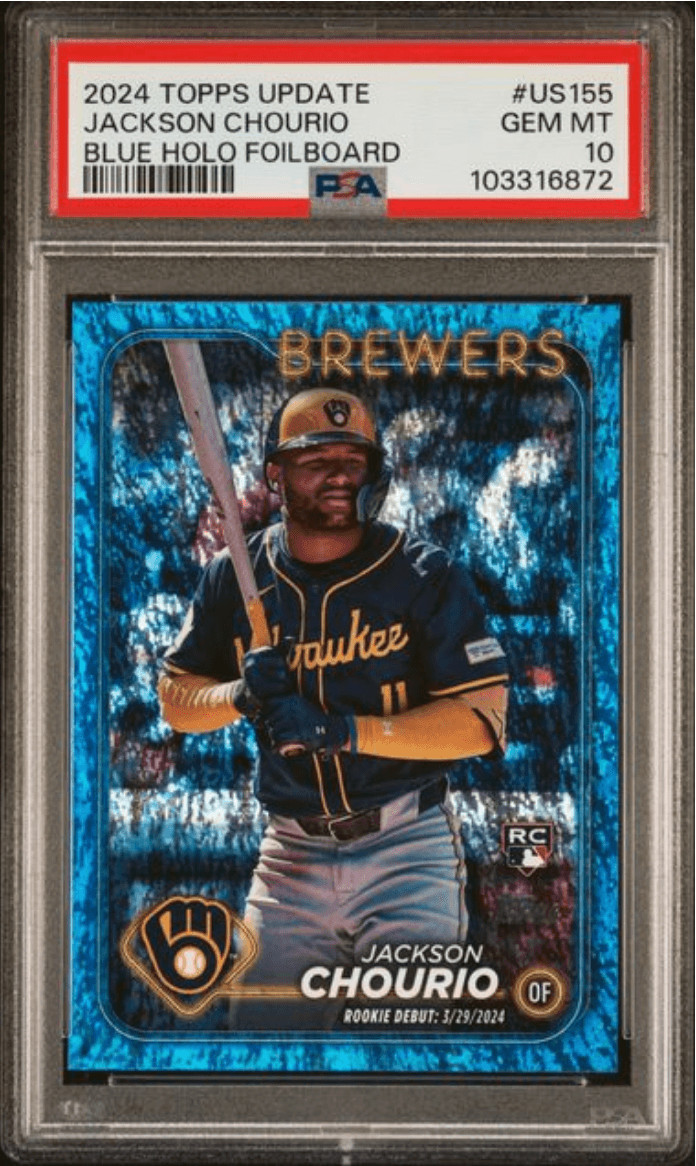 Graded 2024 Topps Upd Jackson Chourio #US155 Blue Holo /999 RC Card PSA 10
