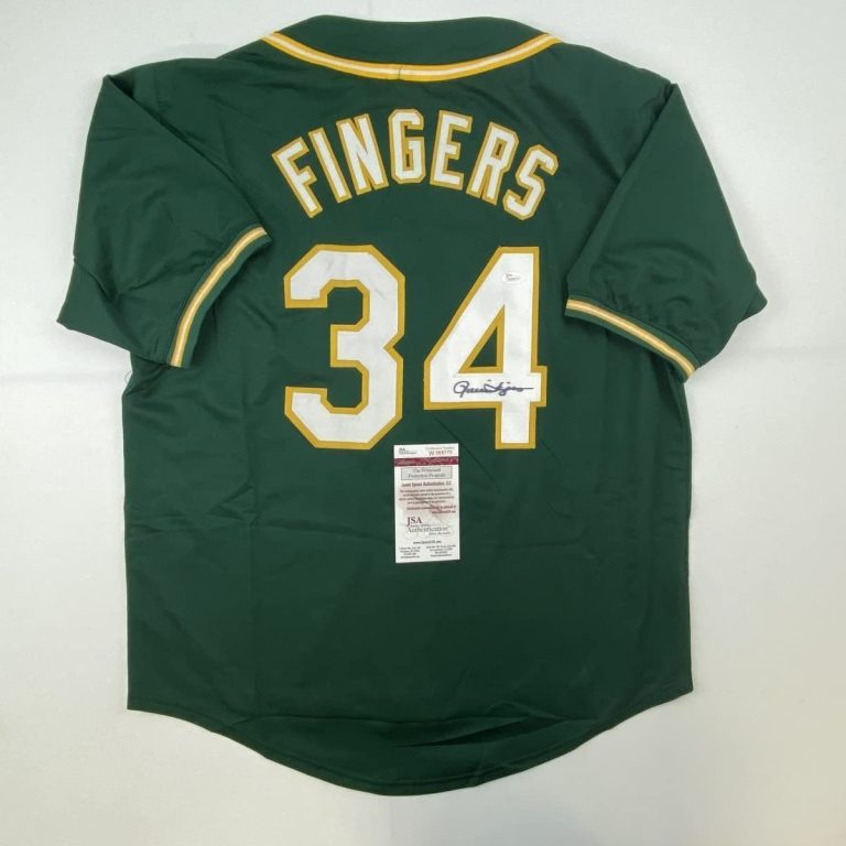 Autographed/Signed ROLLIE FINGERS Oakland Green Jersey JSA COA Auto
