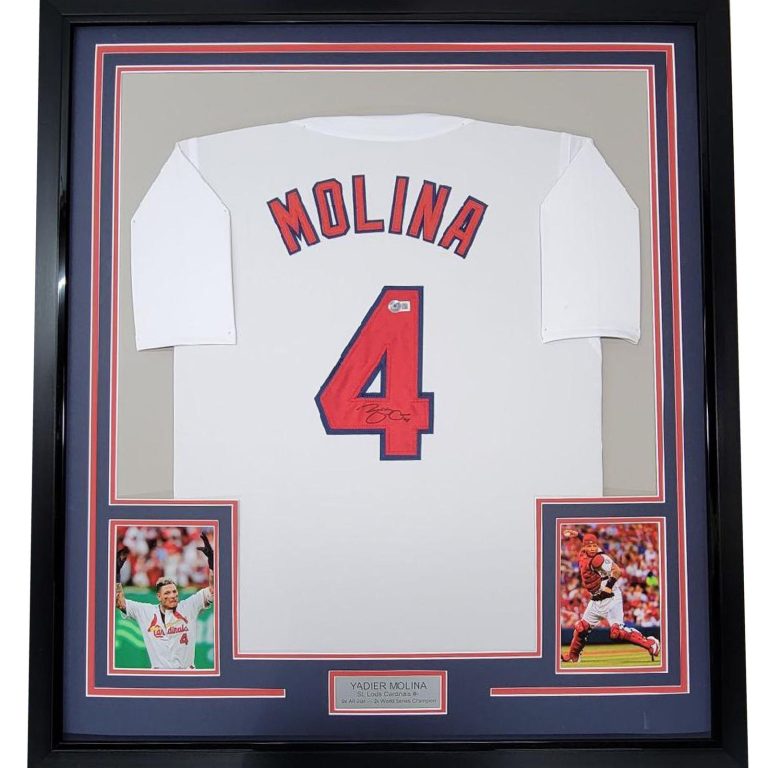 Framed Autographed/Signed Yadier Molina 33x42 St. Louis White Jersey COA