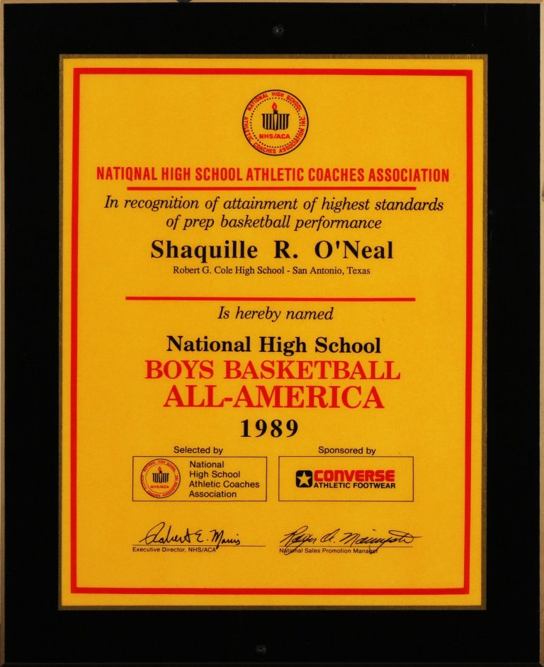 Shaquille O'Neal 1989 Nat'l High School Boys Basketball All-America Team Plaque