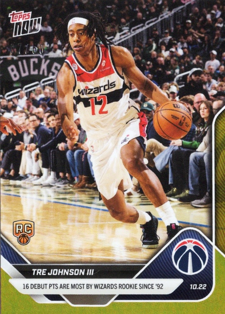 2025 Topps Now Tre Johnson #14 Gold Foil /50 Washington Wizards Rookie Card