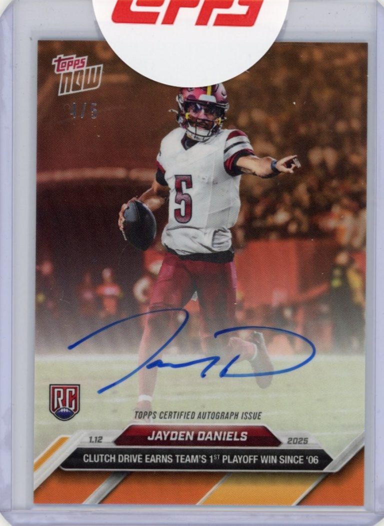 2024 Topps Now Jayden Daniels #22B 1st Playoff Win Orange Auto /5 RC Card