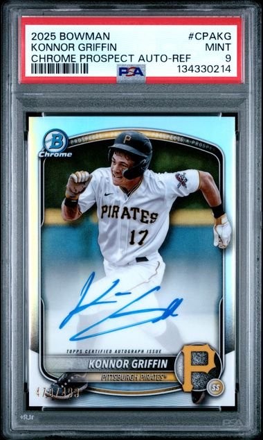Graded 2025 Bowman Konnor Griffin #CPAKG /499 Chrome Auto REF RC Card PSA 9