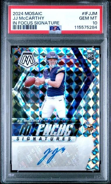 Graded 2024 Mosaic JJ McCarthy #IFJJM In Focus Signature RC Card PSA 10