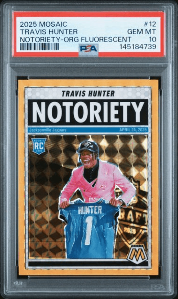 Graded 2025 Mosaic Travis Hunter #12 Orange Fluorescent Rookie Card PSA 10