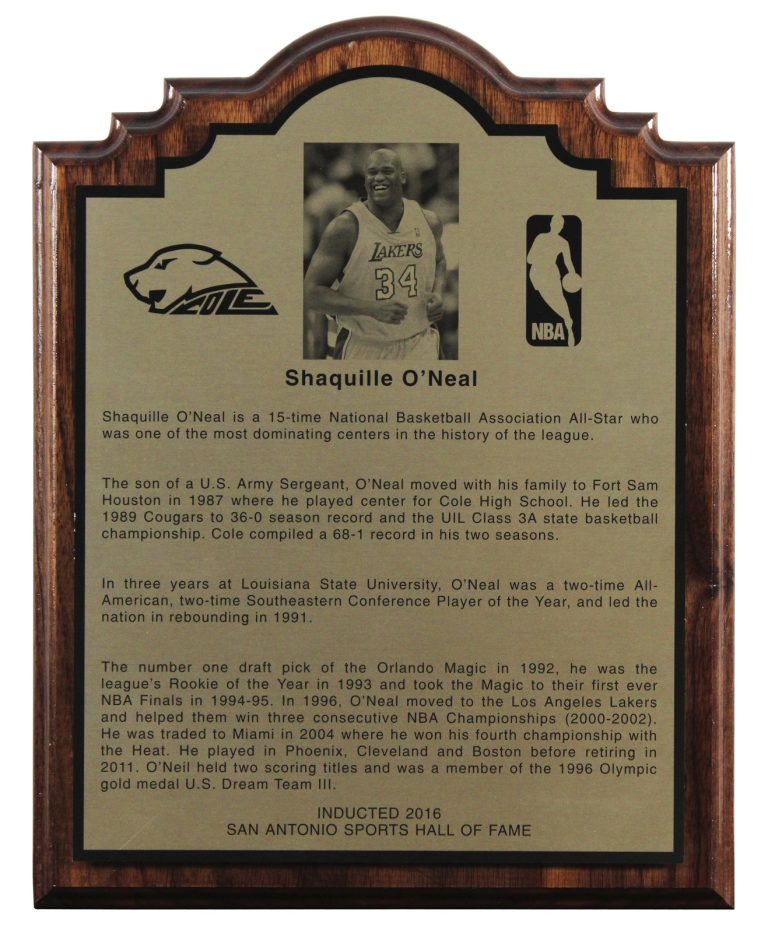Shaquille O'Neal 2016 San Antonio Sports Hall of Fame Plaque Un-signed