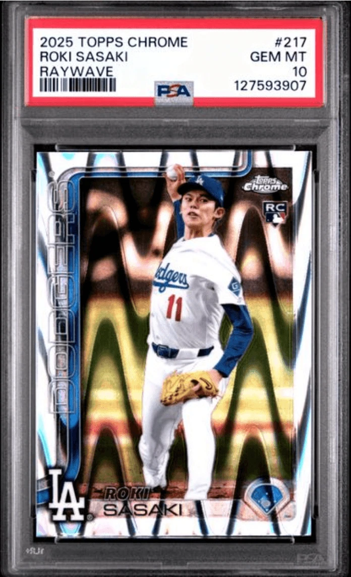 Graded 2025 Topps Chrome Roki Sasaki #217 Raywave Rookie RC Card PSA 10