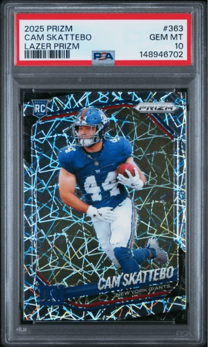 Graded 2025 Panini Prizm Cam Skattebo #363 Lazer Prizm RC Card PSA 10 Gem