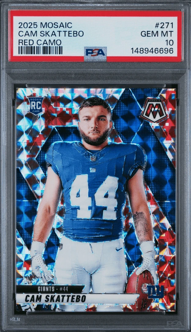Graded 2025 Panini Mosaic Cam Skattebo #271 Red Camo Rookie Card PSA 10