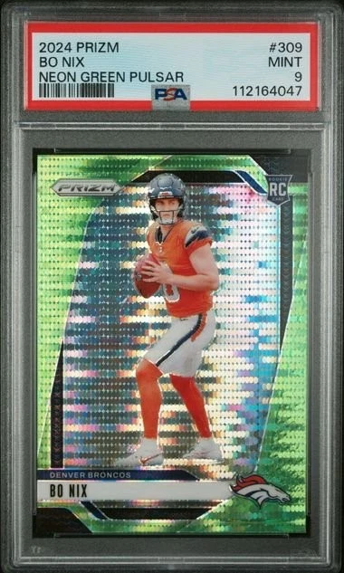 Graded 2024 Panini Prizm Neon Green Pulsar Bo Nix #309 RC Card PSA 9