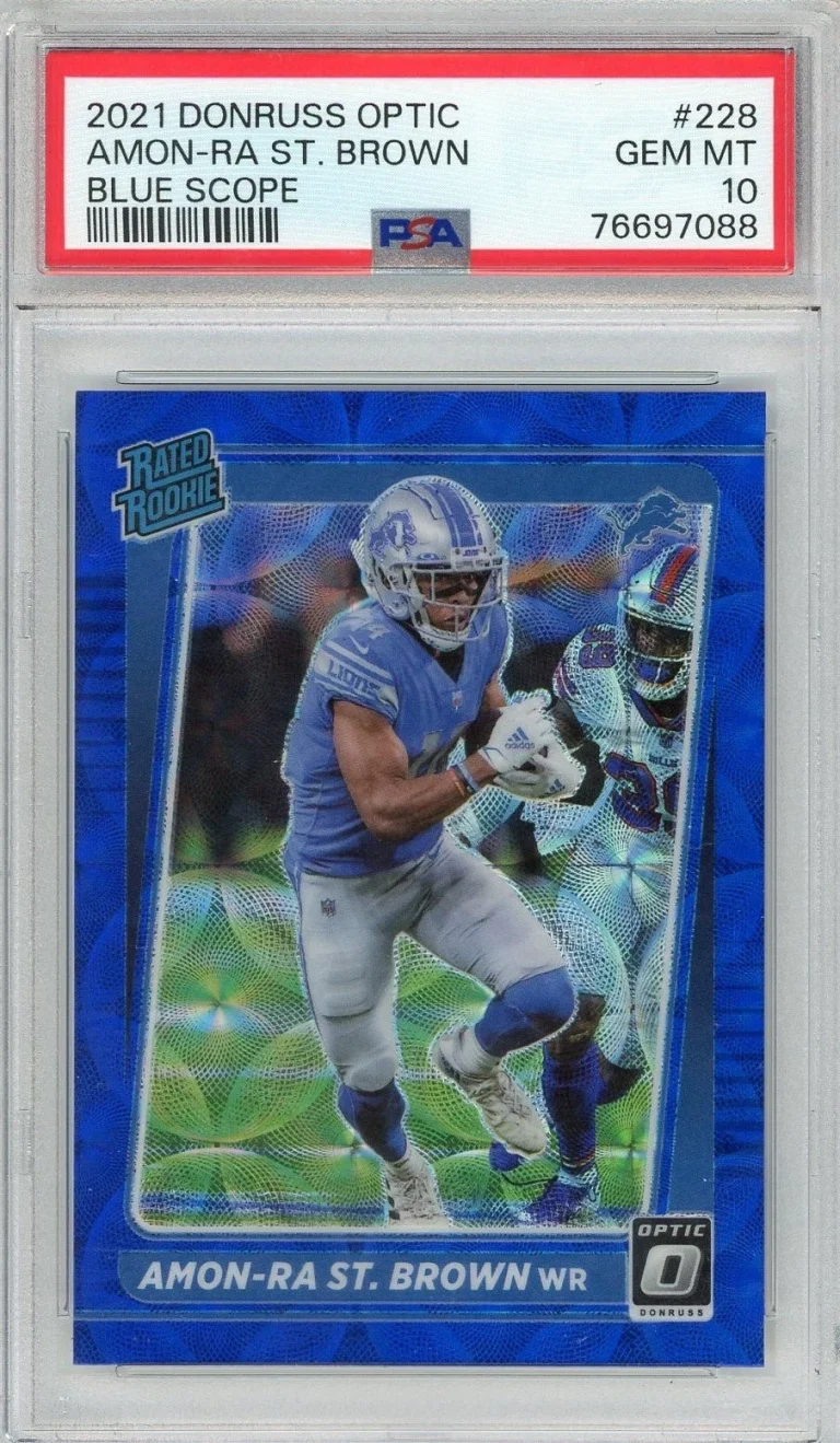 Graded 2021 Donruss Optic Amon-Ra St. Brown #228 Blue Scope Card PSA 10