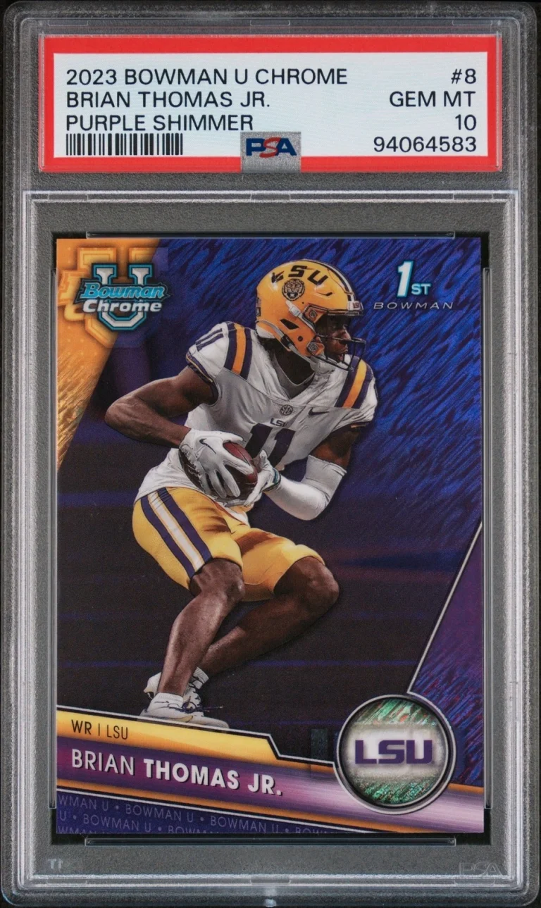 Graded 2023 BWM U Chrome Brian Thomas Jr #8 Purple Shimmer Card PSA 10
