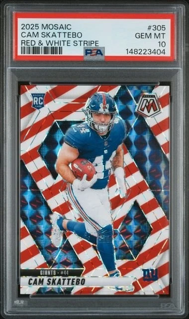 Graded 2025 Panini Mosaic Cam Skattebo #305 Red White Stripe RC Card PSA 10