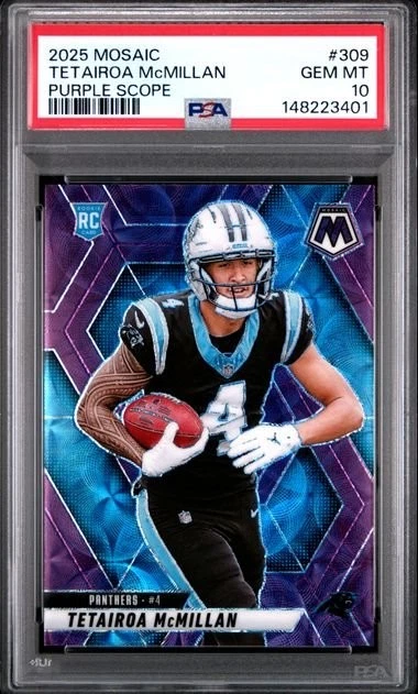 Graded 2025 Mosaic Tetairoa McMillan #309 Purple Scope RC Card PSA 10