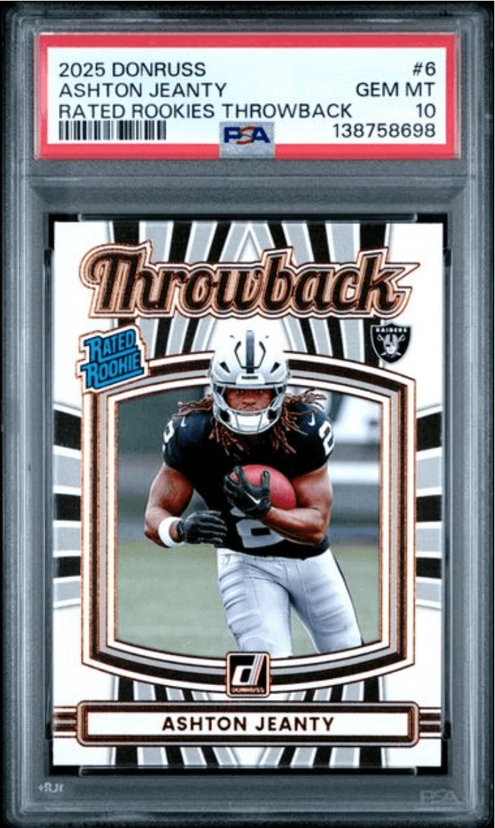Graded 2025 Donruss Ashton Jeanty #6 Rated Rookie Throwback Card PSA 10