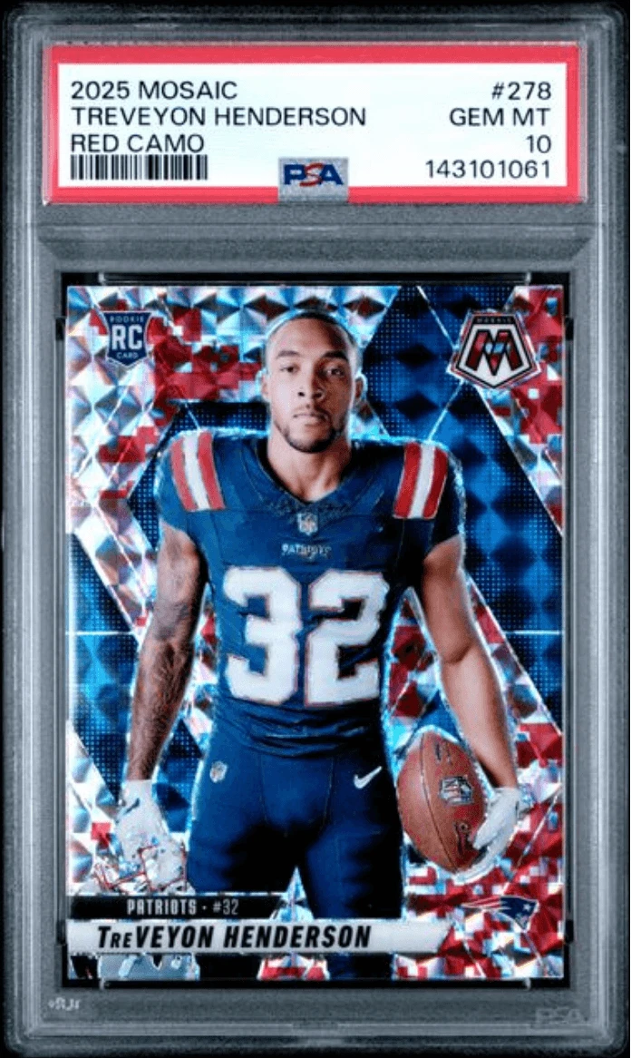 Graded 2025 Panini Mosaic TreVeyon Henderson #278 Red Camo RC Card PSA 10