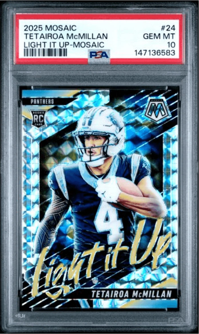 Graded 2025 Panini Mosaic Tetairoa McMillan #24 Light It Up RC Card PSA 10