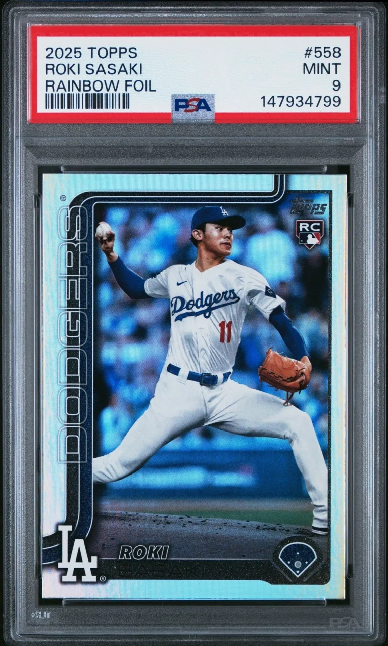 Graded 2025 Topps Roki Sasaki #558 Rainbow Foil Rookie RC Card PSA 9