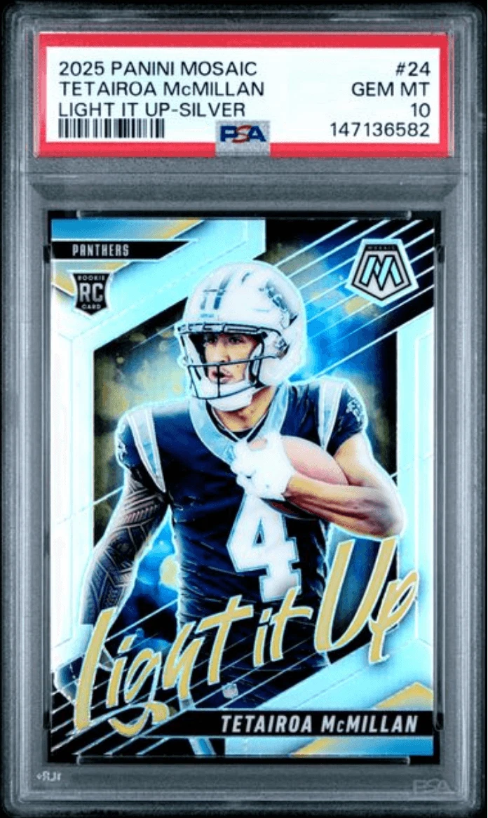 Graded 2025 Mosaic Tetairoa McMillan #24 Light It Up Silver Card PSA 10
