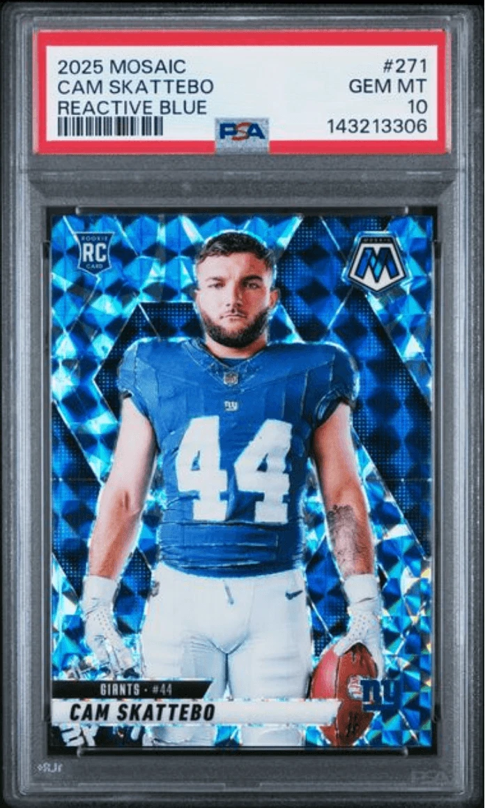 Graded 2025 Panini Mosaic Cam Skattebo 271 Reactive Blue Rookie Card PSA 10