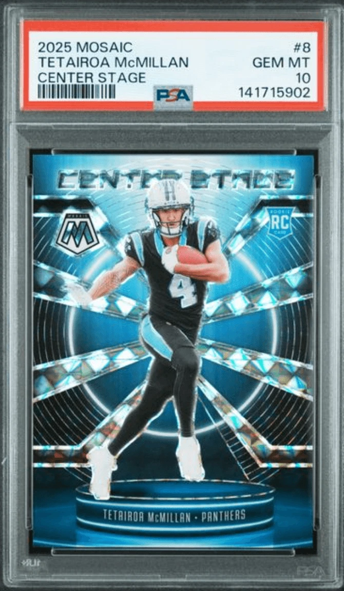 Graded 2025 Mosaic Tetairoa McMillan #8 Center Stage RC Card PSA 10