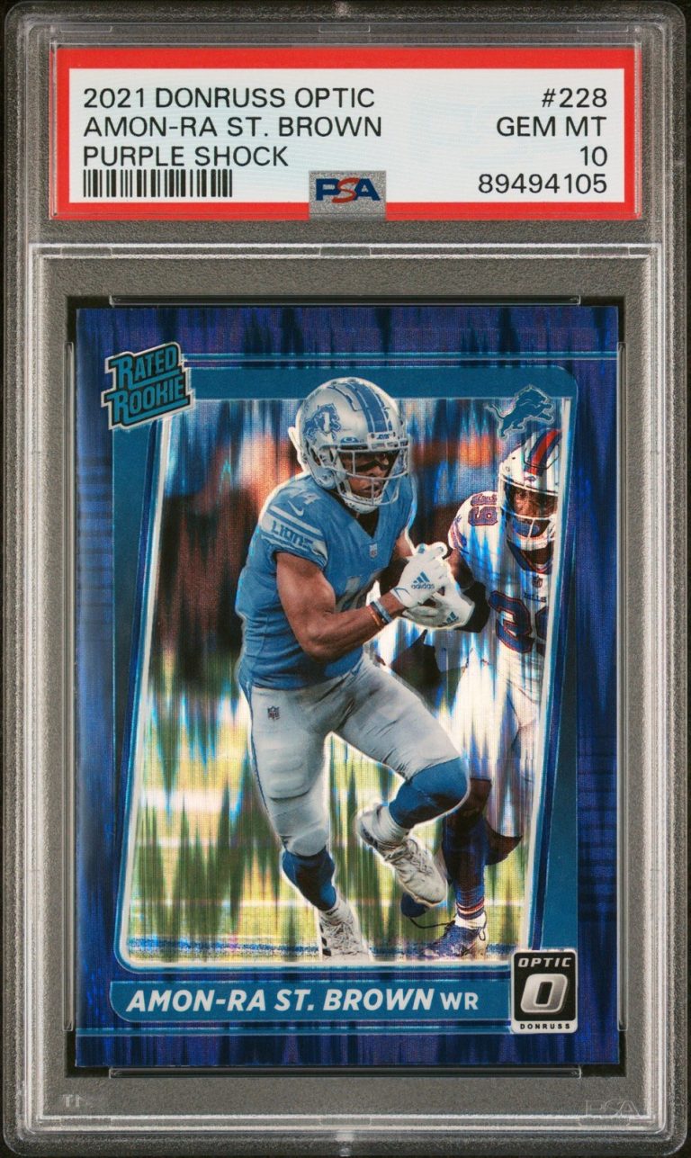 Graded 2021 Donruss Optic AmonRa St Brown #228 Purple Shock Card PSA 10