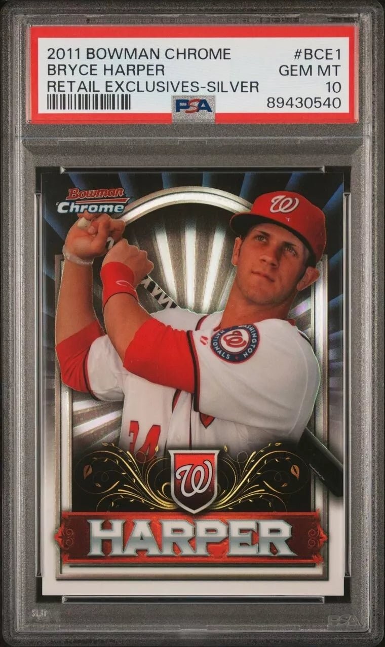 Graded 2011 BWM Chrome Bryce Harper #BCE1 Retail Ex Silver Card PSA 10