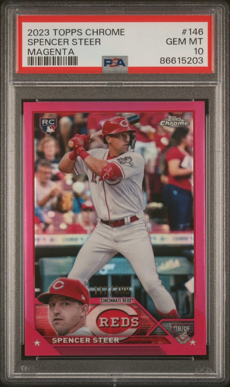 Graded 2023 Topps Chrome Spencer Steer #146 Magenta /399 RC Card PSA 10