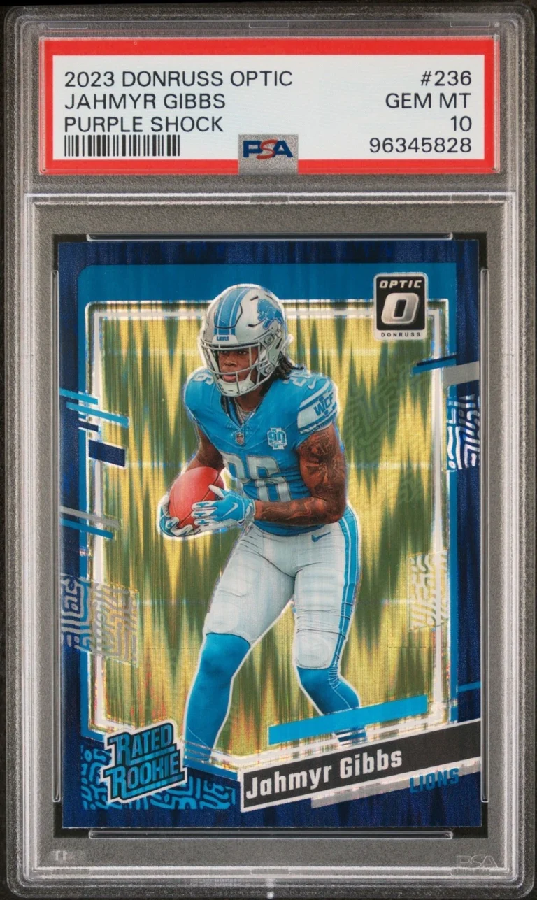 Graded 2023 Donruss Optic Jahmyr Gibbs #236 Purple Shock RC Card PSA 10