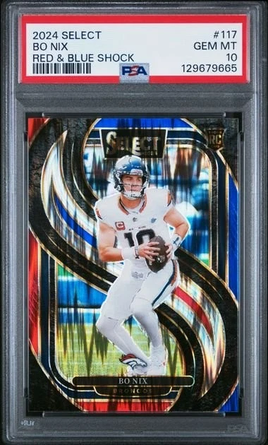 Graded 2024 Panini Select Bo Nix #117 Red & Blue Shock RC Card PSA 10