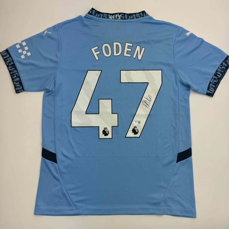 Autographed/Signed Phil Foden Manchester City Blue Futbol Jersey BAS COA