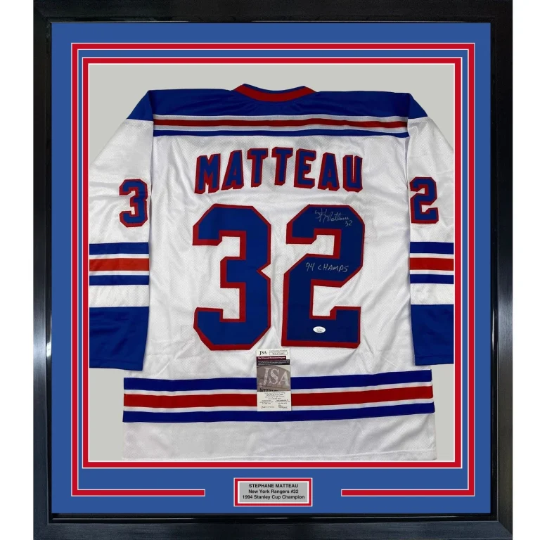 Framed Signed Stephane Matteau 94 Champs 33xx42 White Jersey JSA COA