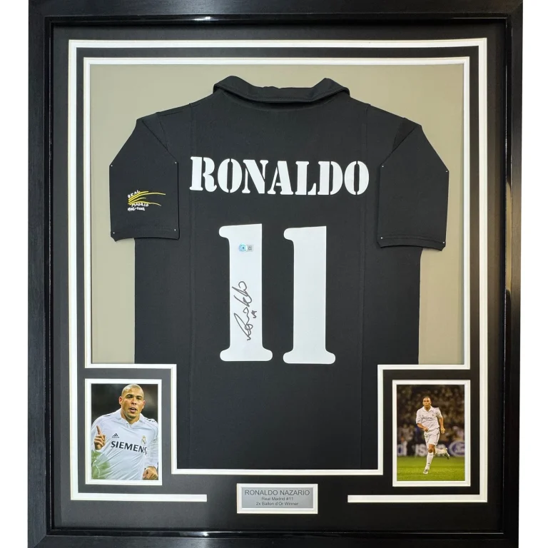 Framed Autographed/Signed Ronaldo Nazario 35x39 Real Madrid Jersey BAS COA