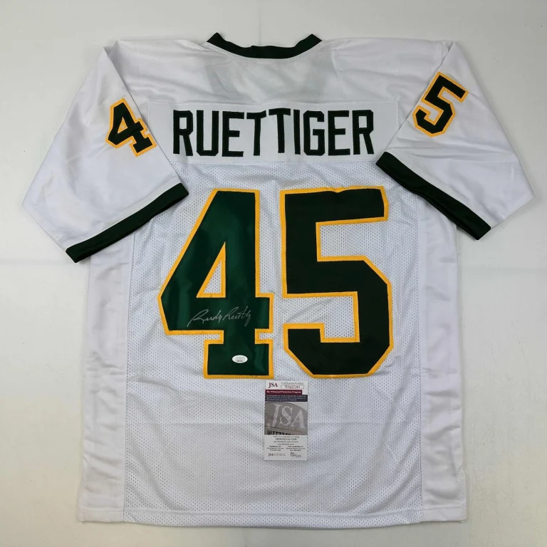 Autographed/Signed Rudy Ruettiger Notre Dame White/Green Jersey JSA COA