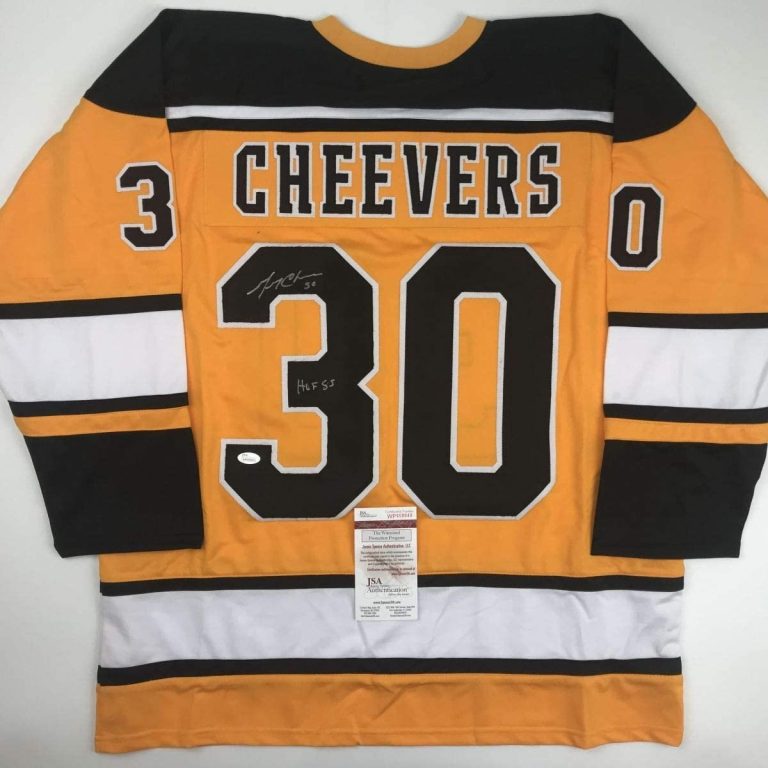 Autographed/Signed Gerry Cheevers HOF 85 Boston Yellow Jersey JSA COA