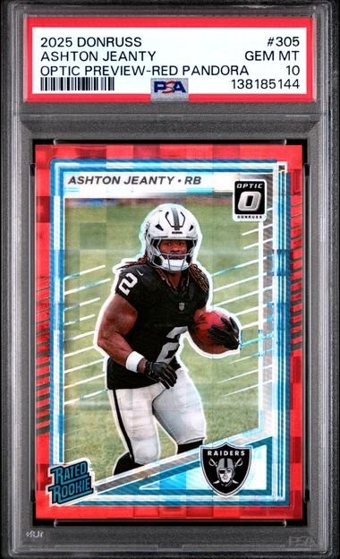 Graded 2025 Donruss Ashton Jeanty 305 Optic Prev Red Pandora RC Card PSA 10