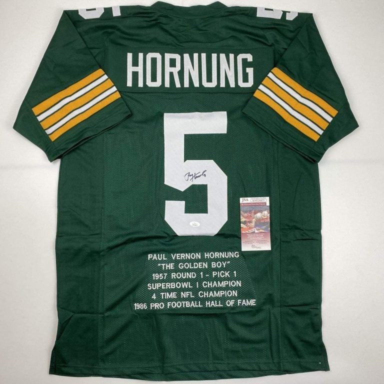 Autographed/Signed Paul Hornung Green Bay Green Stat Jersey JSA COA