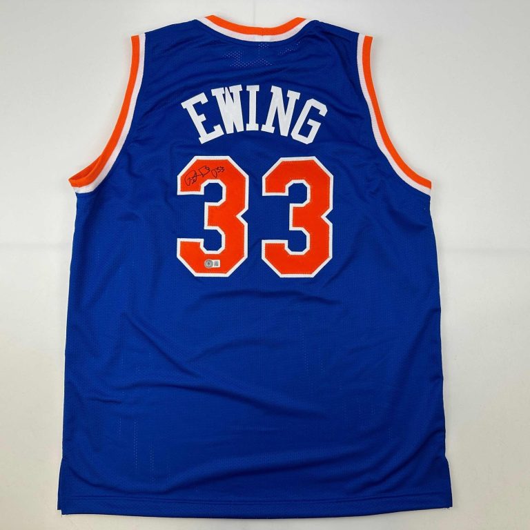 Autographed/Signed Patrick Ewing New York Blue Jersey Beckett BAS COA