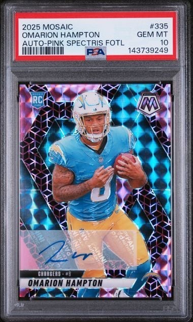 Graded 2025 Mosaic Omarion Hampton #335 Pink Spectris FOTL 8/30 Auto PSA 10