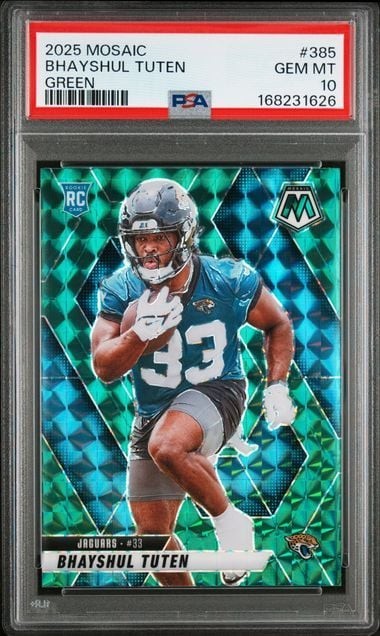 Graded 2025 Mosaic Bhayshul Tuten #385 Green RC Football Card PSA 10