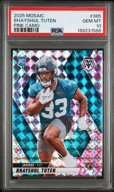 Graded 2025 Mosaic Bhayshul Tuten #385 Pink Camo RC Football Card PSA 10